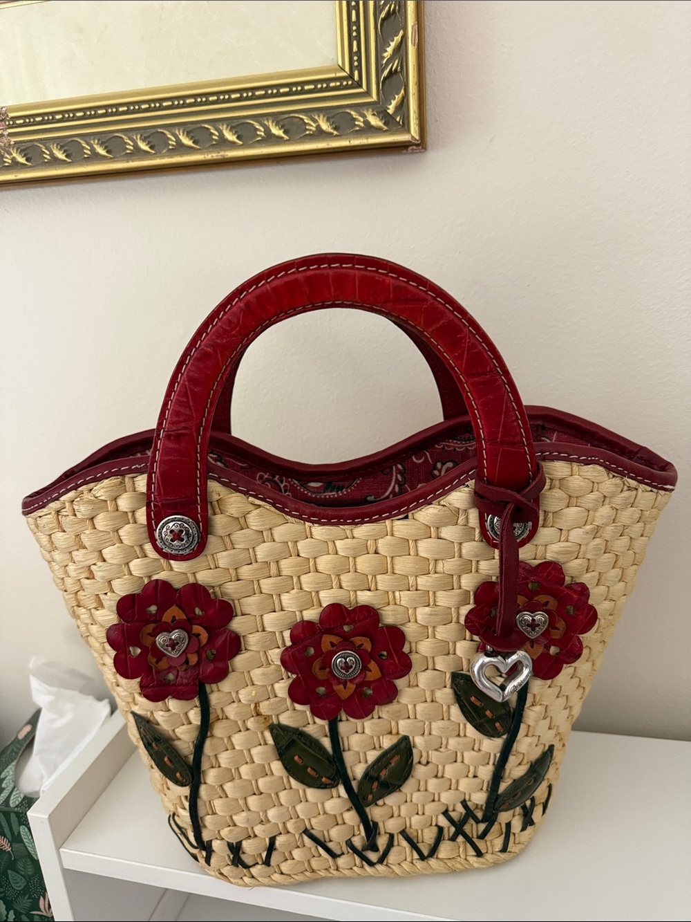 Brighton woven Straw Tote with Red Floral Appliqués